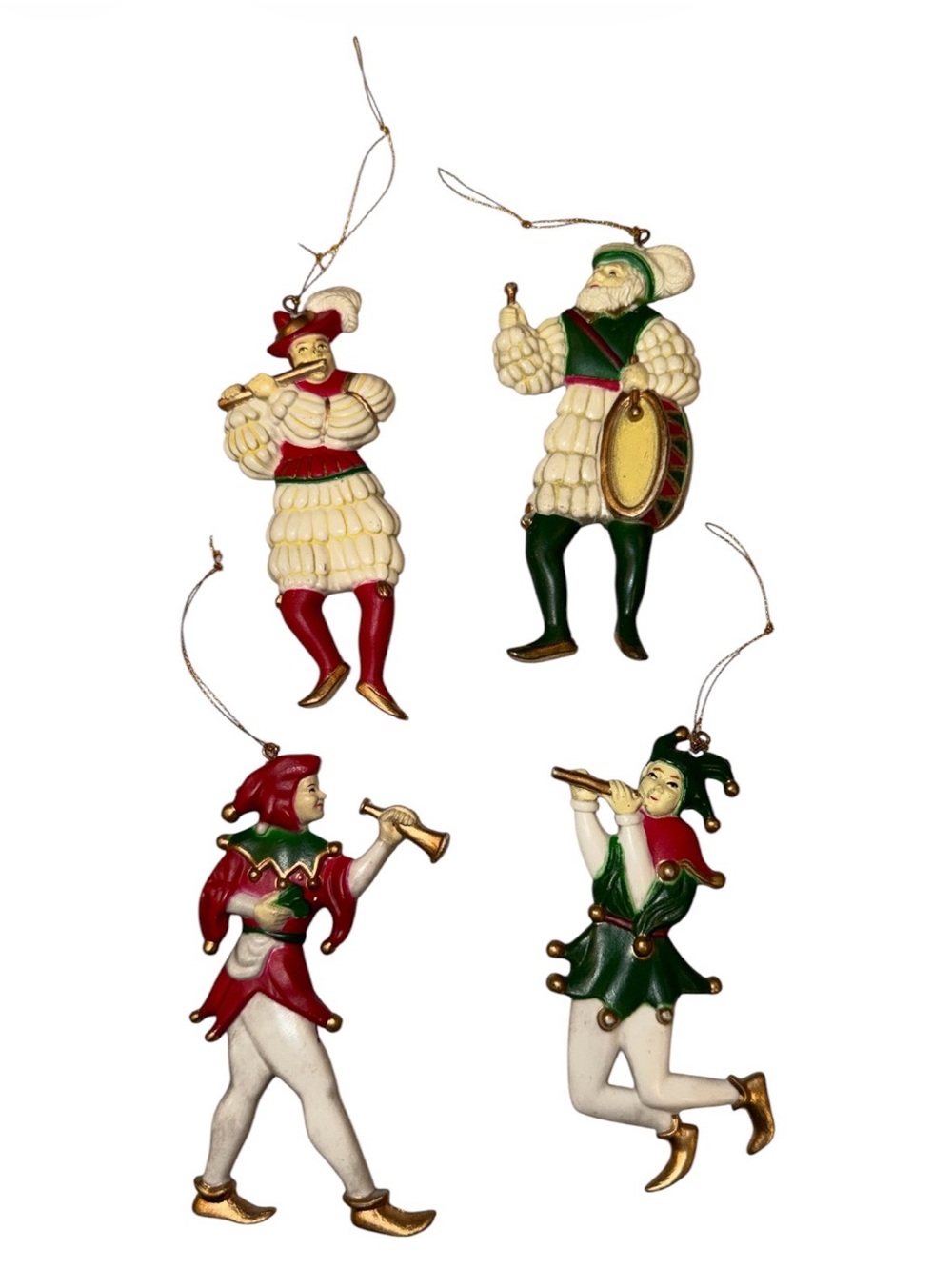Vintage Hard Plastic Harlequin Jester Christmas Ornaments - Set of 4 Musicians